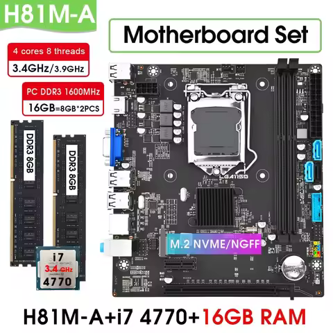 H81 motherboard LGA 1150 Set kit combo with core I7 4770 processor and DDR3 8GB 1600MHz*2=16GB PC RA