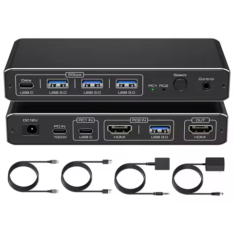 Navceker Thunderbolt 3 USB C HDMI KVM Switch 4K 60Hz Type C USB KVM Switcher 87W PD Charge for 2 Com