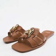 Zara2023 Summer New Style TRF Women's Shoes Brown Chain Slippers Outer Wear Flat Sandals Sandals Women 999