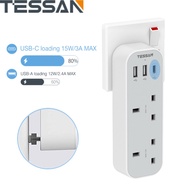 Double Plug USB C Charger Power Adapter UK Type C Wall Plug High Speed Charging, TESSAN Multi Plugs Extension Power Strip, 13A UK 3 Pin Wall Charger Multi Sockets Power Extender