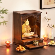 Teak Wood Buddhist Altar Shrine with Warm Light | Wall Mounted & Tabletop Prayer Cabinet | Carved Ze
