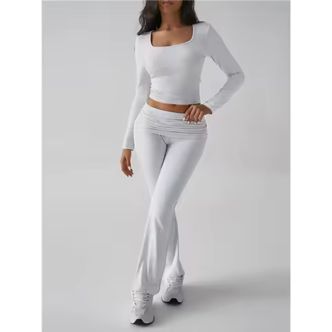 NEW-Lounge Sets For Women 2 Piece Casual Y2K Outfits Short Sleeve Cropped Tops Fold Over Flare Pants