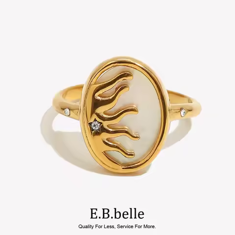 E.B.belle Boho Cubic Zirconia Natural Shell Mother of Pearl Oval Casting Sun Mould Ring 18K Gold Pla