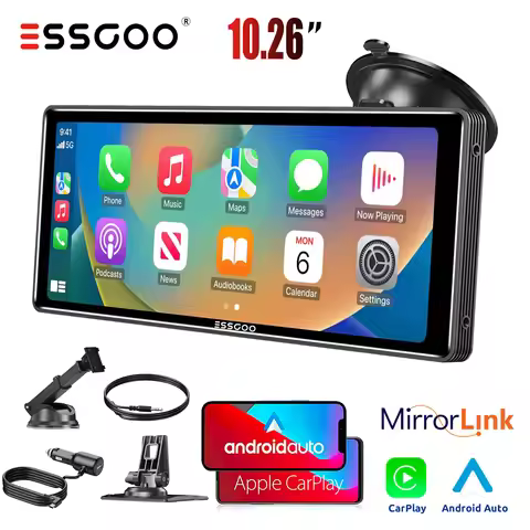 ESSGOO 10.26" Portable Wireless Carplay Car Stereo IPS Screen 1600x600 Android Auto Mirror Link/AUX/