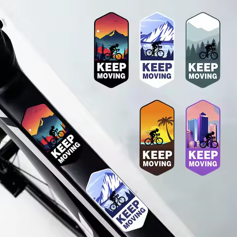 2-Pack KEEP MOVING Mountain Bike Stickers-Waterproof Hexagonal Frame Sticker with Landscape, City Sk