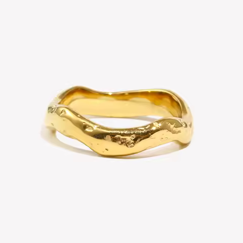 E.B.belle Beat Pattern Wave Plain Ring Waterproof Tarnish Free 18K Gold Plated Women's Rings 316L St
