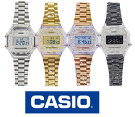 ฟรีกล่องCASlO นาฬิกาข้อมือแฟชั่น  นาฬิกาCasioผู้หญิง หน้าปัดเพชร สายเหล็กปรับได้ สีดำทองโรส กันน้ำ100% คาสิโอ้เพชร TW615