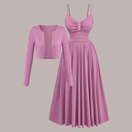 Plus Size Women Long Sleeve Cardigan & Slip Dress 2 Piece Set, Knit Fabric, Purple, Sexy & Elegant O