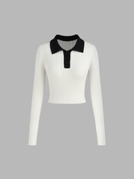 Cider Knit Polo Solid Long Sleeve Top