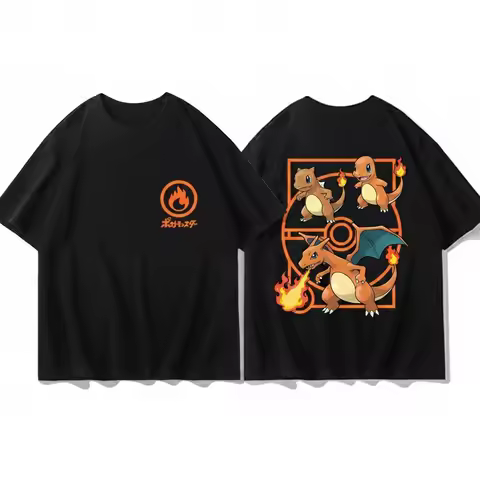 Vintage Anime Pokemon T-shirt Charmander Charizard Evolution Print Oversized Cotton Tee Summer Casua