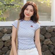 Lovito Casual Tshirt Embroidery Spring/summer Blue Tshirt for Women L151AD476\5