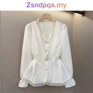 💖Zsndpqa💖[Ready Stock In Malaysia]Korean Style Women's Commuting Slim Fit Ruffle long sleeve V neck 