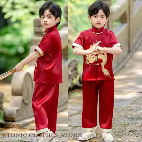 Boys Kid Chinese Tang Suit Stage Performance Costume Chinese New Years 2PCS Shirt&ppants Embroidery 