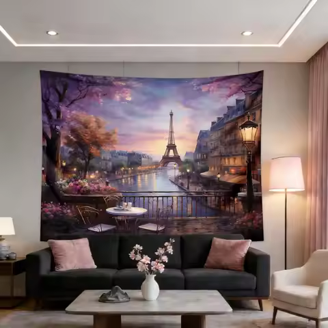Vintage Paris Tapestry Wall Hanging Eiffel Tower Backdrop French Themed Cityscape Tapestry Cafe Deco