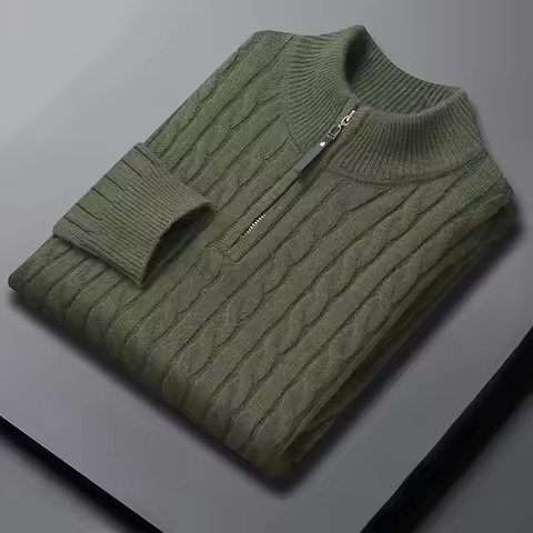 Men's 42% Wool Blend Half Zip Sweater - Cable Knit Pullover with Ribbed Sleeves - Warm Mock Neck 1/4