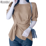 ZANZEA Women Korean Daily Puff Sleeves Lantern Sleeves Half Sleeves Twist Knot Blouse