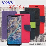 諾基亞 Nokia X7 / 8.1 經典書本雙色磁釦側翻可站立皮套 手機殼藍色