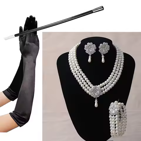 1920s 1950s Women Fashion Jewelry Gatsby Cosplay Accessory Set Pearl Necklace Earring Glove Cigarett