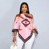 Large Size Women's Pastel Pink Summer Boho Tea Party Holiday Shirt,Elegant Off Shoulder Asymmetrical