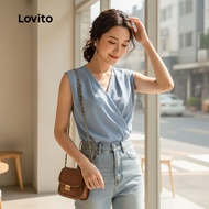 Lovito Atasan Wanita Elegan Lipit Musim Panas Biru Abu-abu L142ED340