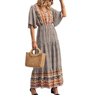 Women Dress Ethnic Bohemian Style Printing V Neck Short Sleeves Elastic Waist Pleated Patchwork A-li