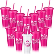 Pickmesh 12 Pcs Pink Birthday Party Cups with Lid and Straw Girl Birthday Squad Cups 24 oz Reusable 