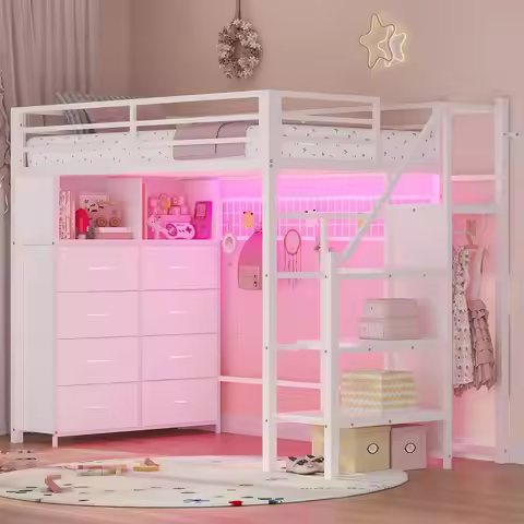 Twin Loft Bed Storage Stairs 8 Drawers LED Lights Outlet Shelves Wardrobe Guardrail Ladder Underbed 