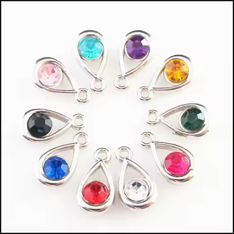Fashion 30Pcs Mixed Crystal Dull Silver Plated Teardrop Circle Charms Pendants 9.5x17.5mm