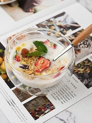 1入組耐熱家用雙層玻璃碗，可愛日式風格，適用於早餐、水果沙拉、鳥巢、優格、冰淇淋、甜點