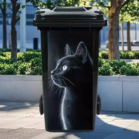 1 Luminous Black Cat Silhouette Trash Can Sticker - UV Resistant PVC, 14.57x32.28 Inches, Suitable f