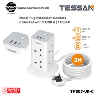 TESSAN TPS03 8 Socket Plug Multi Plug Extension Socket with 2 USB and 1 USB-C Port Safety Mark [Mode
