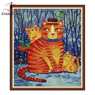 Watercolor Cat In Winter Cross Stitch Complete Set With Pattern Printed Unprinted Aida Fabric Canvas 11CT 14CT Stamped Counted Cloth With Materials DIY Needlework Handmade Embroidery Home Room Wall Decor Sewing Kit