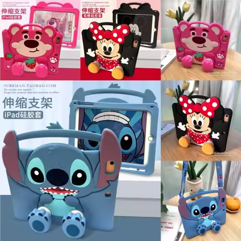 Disney's Cute 3D Cartoons with Pen slot Lanyard Stand Kids Tablet Case for iPad Air Pro 2024/2025/20