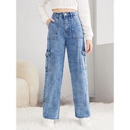 Cargo Six pocket Wide Leg  Seluar Jeans Perempuan Acid Wash Cargo Premium Quality