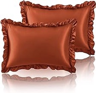SiinvdaBZX Ruffled Satin Pillowcases Set of 2, Burnt Orange Pillow Shams Queen Size Shabby Chic Ruffle Pillowcases Covers with Envelope Closure