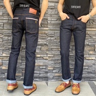 TPPJEANS Winsman Raw Denim กางเกงยีนส์ผ้าดิบริมแดงงานปักอย่างดี สีดำยีนส์ ป้ายหนังแท้ทรงกระบอกเล็ก S