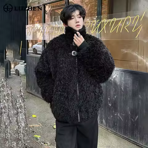 LUZHEN 2025 Winter New Faux Fur High Quality Warm Jacket Men's Fashion Korean Leather Buckle Placket