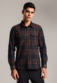 MOC - Kemeja Corduroy Kotak-kotak Pria Lengan Panjang Morric - Brown