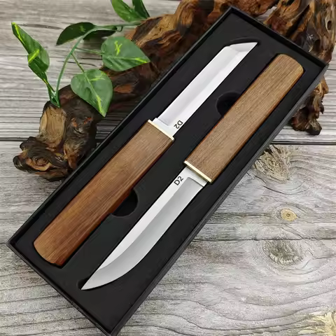 Double Knife Gift Box Short Knife Tanto Fixed Blade Walnut Handle and Sheath EDC Outdoor Hunting Tac
