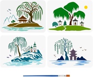 4 PCS Willow Scenery Stencils for Painting 8.3x11.7inch with Paint Brush Willow Trees Templates Bird