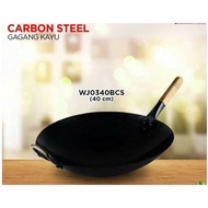 KAYU HITAM 40cm Wooden Handle Carbon Steel Frying Pan - Frying Pan Long Handle Wok Fried Rice Pan Thick Black