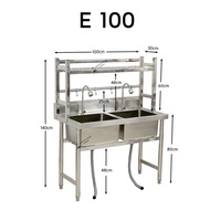 ซิงค์สแตนเลส ซิงค์พร้อมที่คว่ำจาน ที่คว่ำจาน ชั้นวางจาน 100/120x60x140cm Stainless Steel Sink
