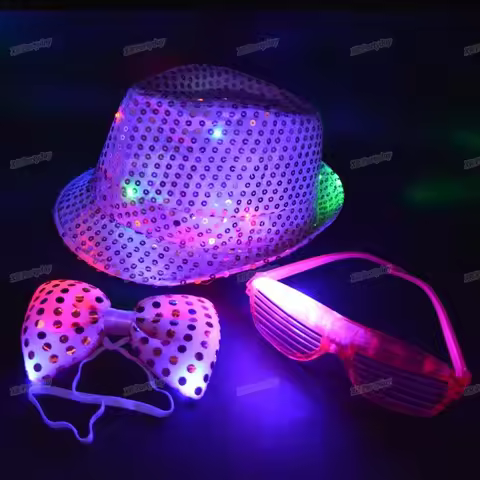 Kids Adult LED Neckties Light Up Neck Ties Sequin Flashing Jazz Fedora Hat for Party Rave Navidad Ch