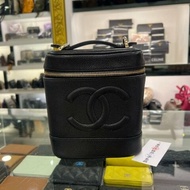 東區正精品㊣CHANEL 香奈兒黑色荔枝皮金釦拉鍊手提包化妝箱包 Vintage RZ6518