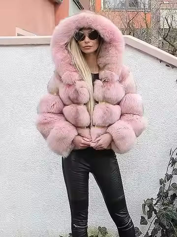 Fashion Imitation Fur Grass Jacket Women's Hooded Loose Long Sleeves Patchwork Plush Thick Coat Wint