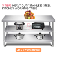 L150xW60xH80cm 3 Tiers Stainless Steel Kitchen Table Storage Heavy Duty Cooking Table Rack