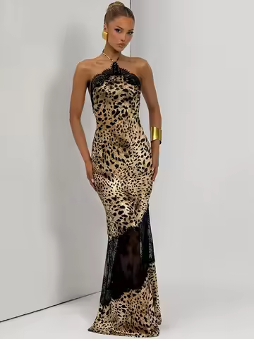JULISSA MO Leopard Print Patchwork Sheer Lace Halter Women Maxi Dress Backless High Waist Dress Slim