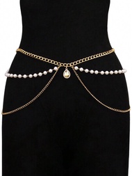 1入時尚簡約風格金色金屬多層腰鏈女式腰鏈,非常適合配搭洋裝、珍珠鏈身鏈