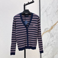 E7O9 PRAD - V-Neck Striped Knit Cardigan | Slim Fit