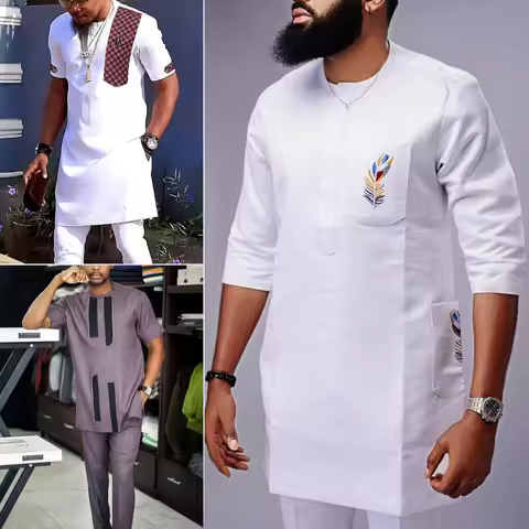New 2Pc African Traditional O-Neck Outfit Dashiki Muslim Costume For Men Luxury Brand Clothing Full 